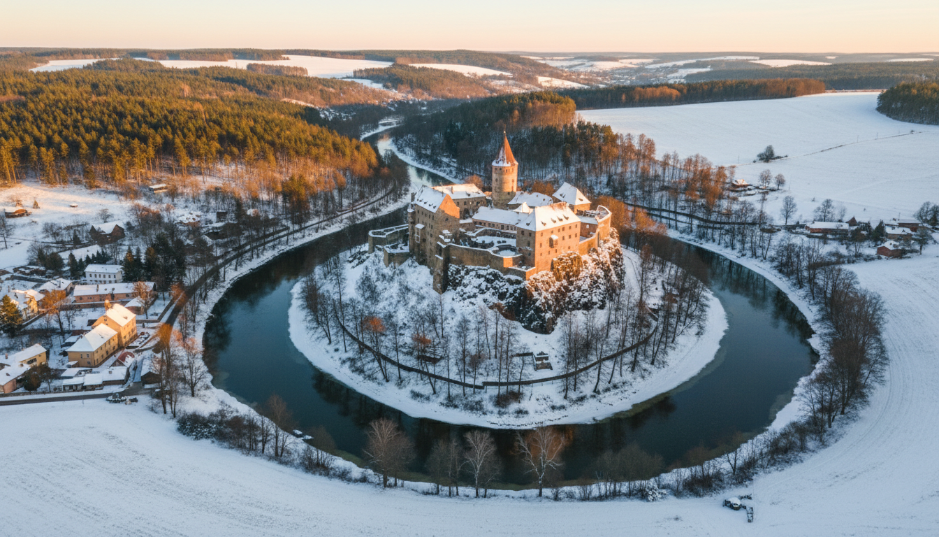 Hrad Loket obklopený meandrující řekou Ohří v zimním období