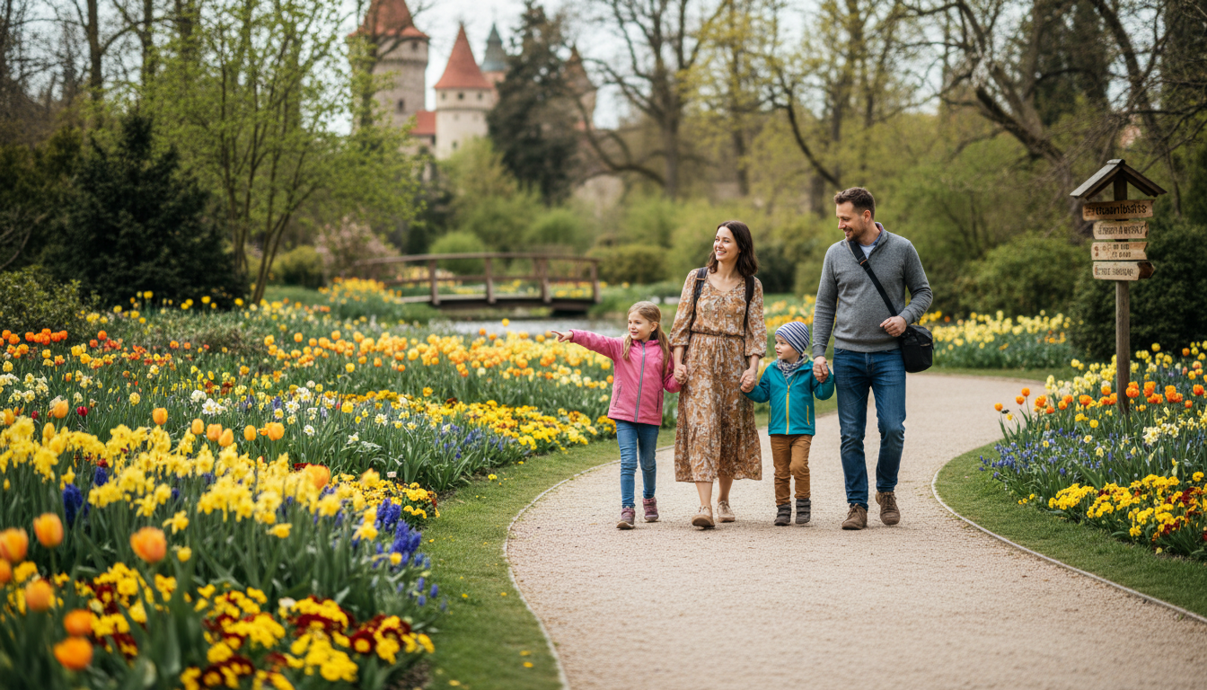 rozkvetlé tulipány a magnolie v botanické zahradě