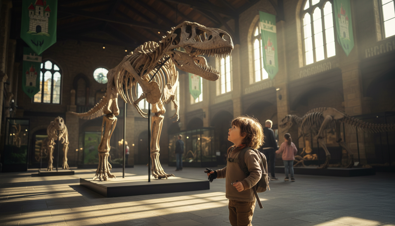 dítě si prohlíží kostru dinosaura v muzeu
