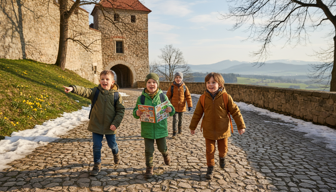 děti objevující hrad v jarním období