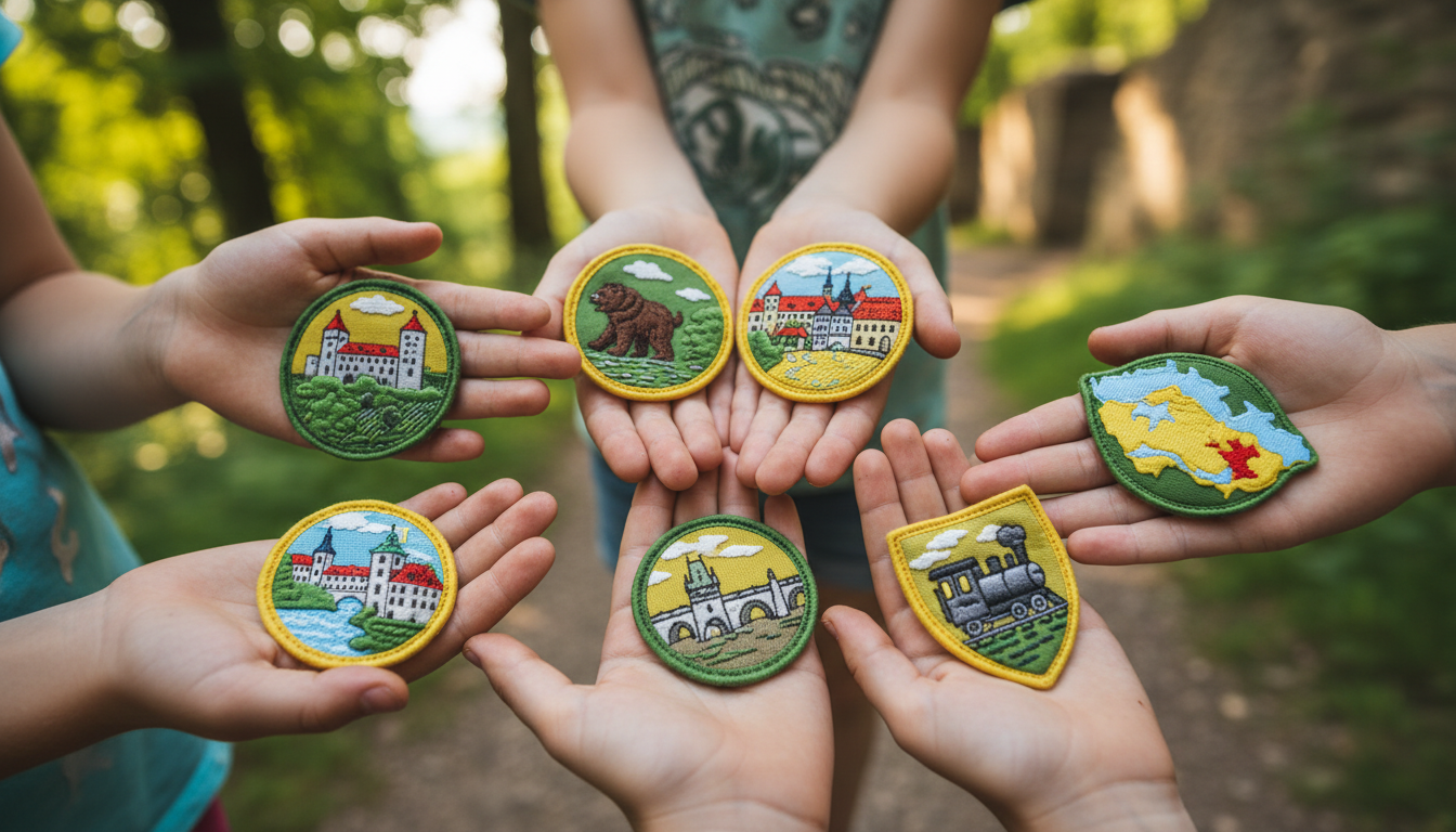 dětské ruce držící sbírku odznaků z výletů