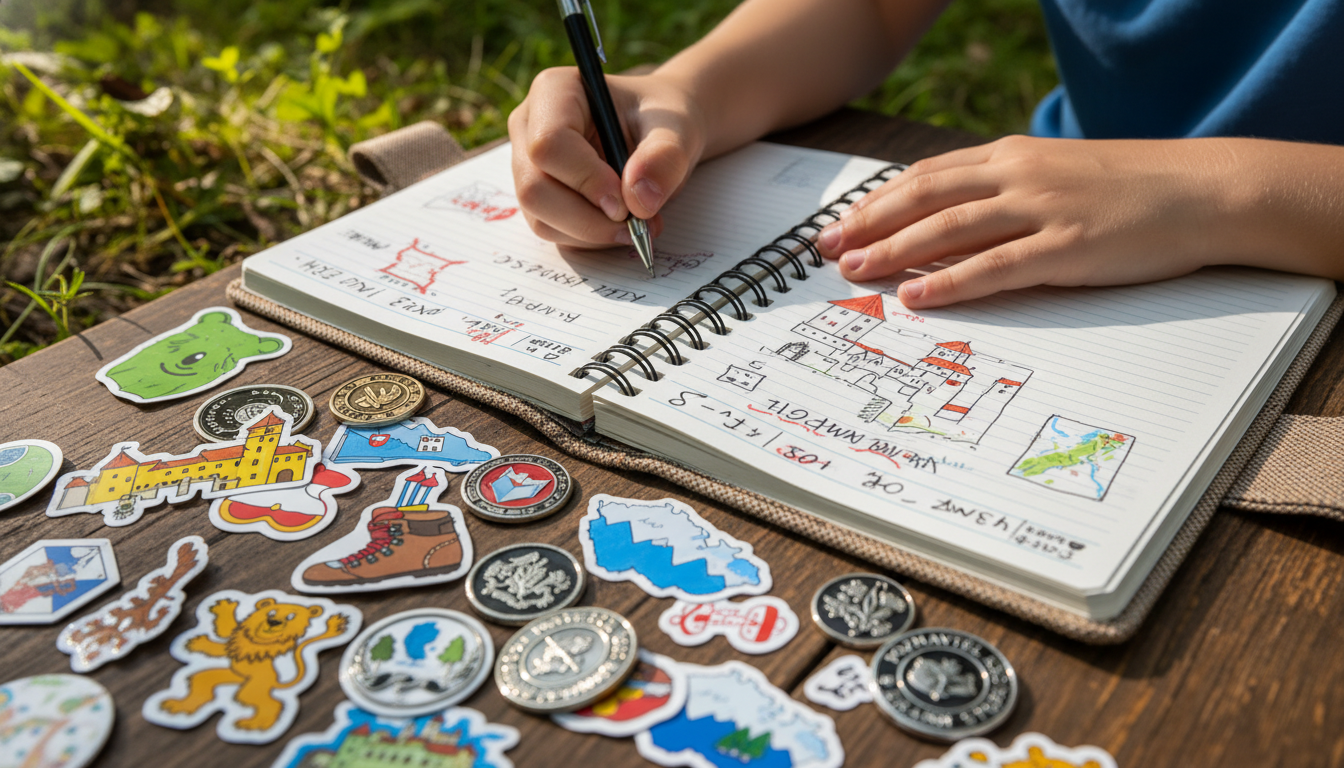 děti píšící a kreslící do cestovního deníku se samolepkami