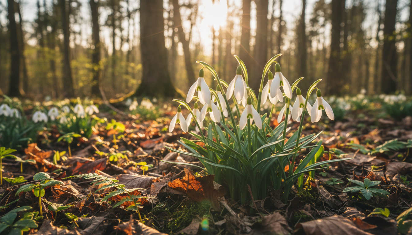 sněženky kvetoucí v jarním lese