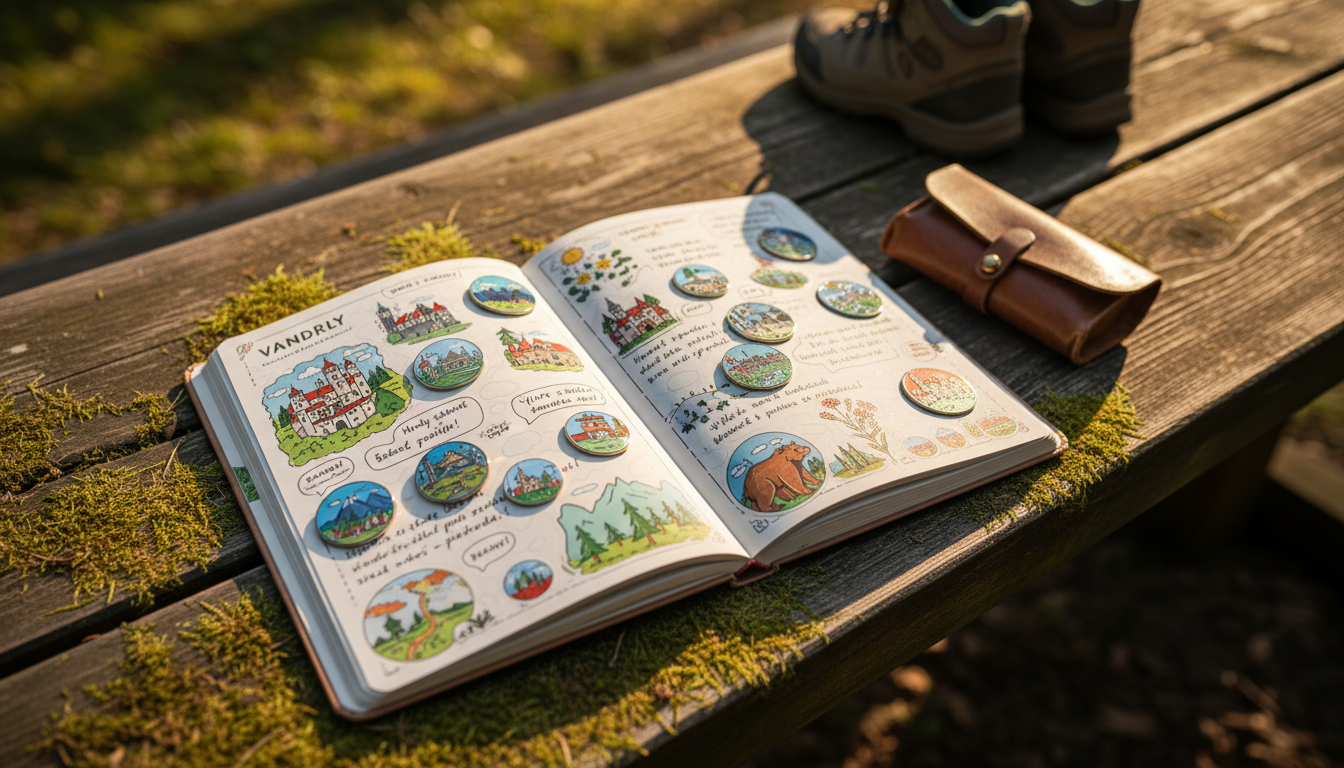 cestovní deník Vandrly s barevnými odznaky a samolepkami