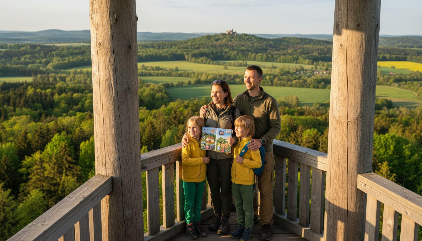 rodina na rozhledně s výhledem do krajiny