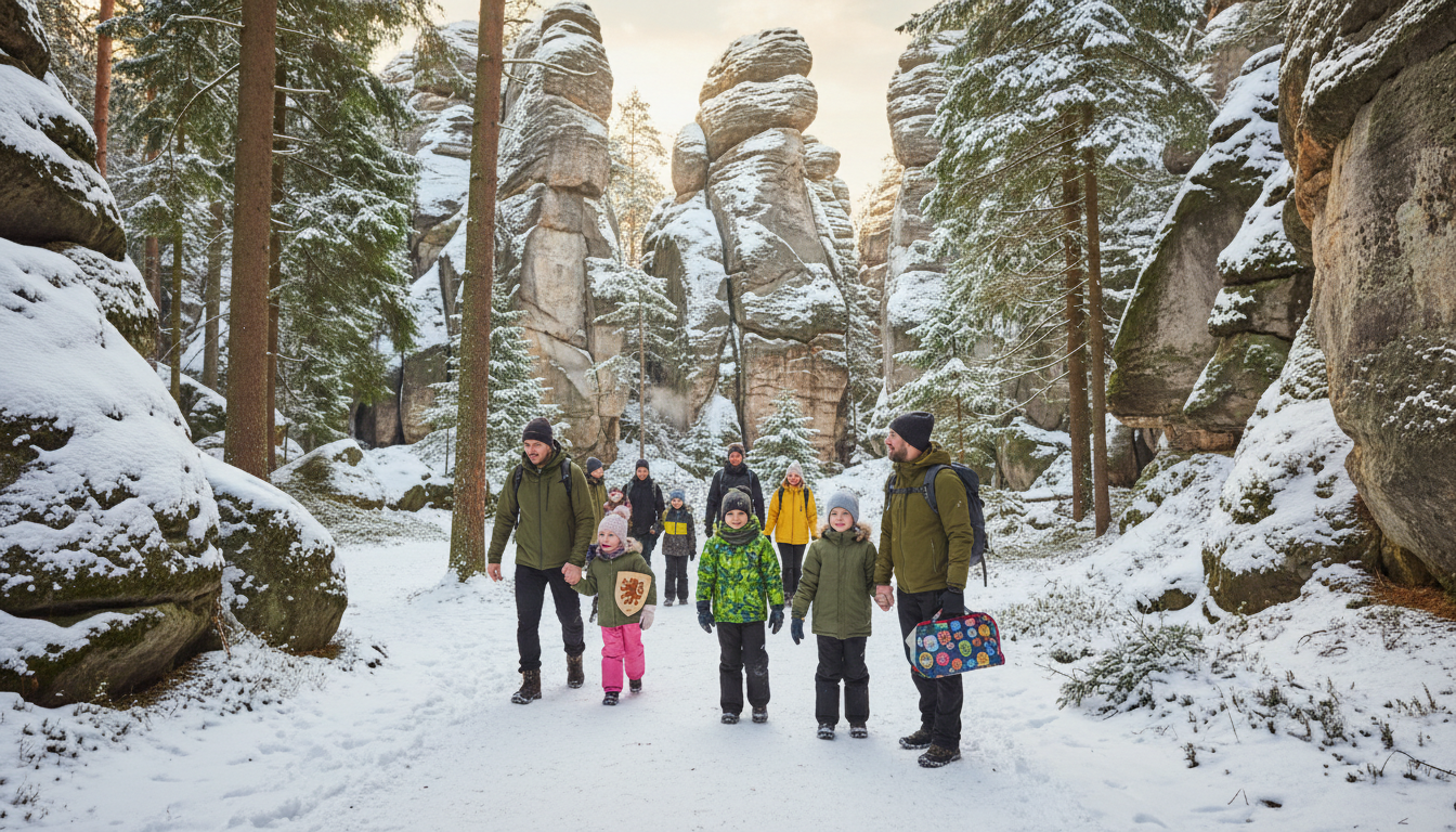 Zasněžené Adršpašské skály s rodinami turistů na procházce