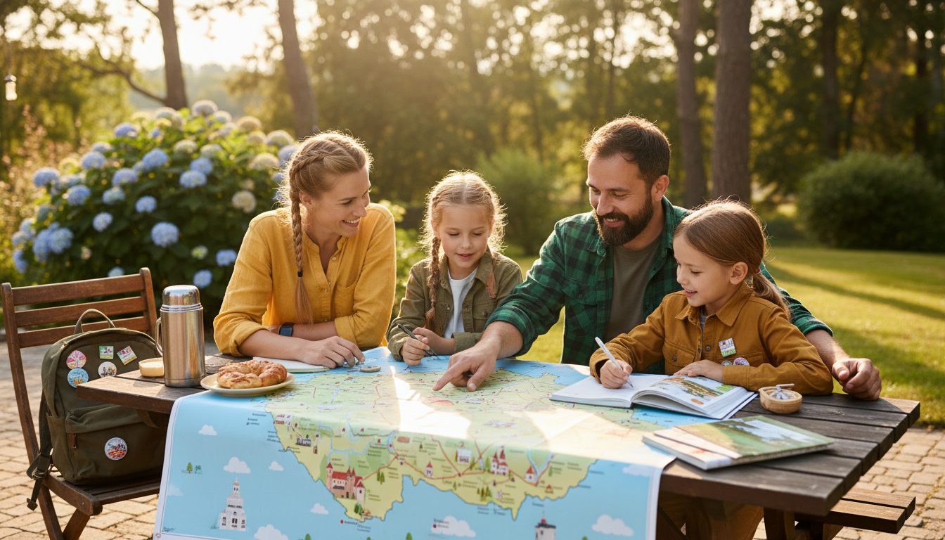 rodina s dětmi plánující výlet nad mapou Česka
