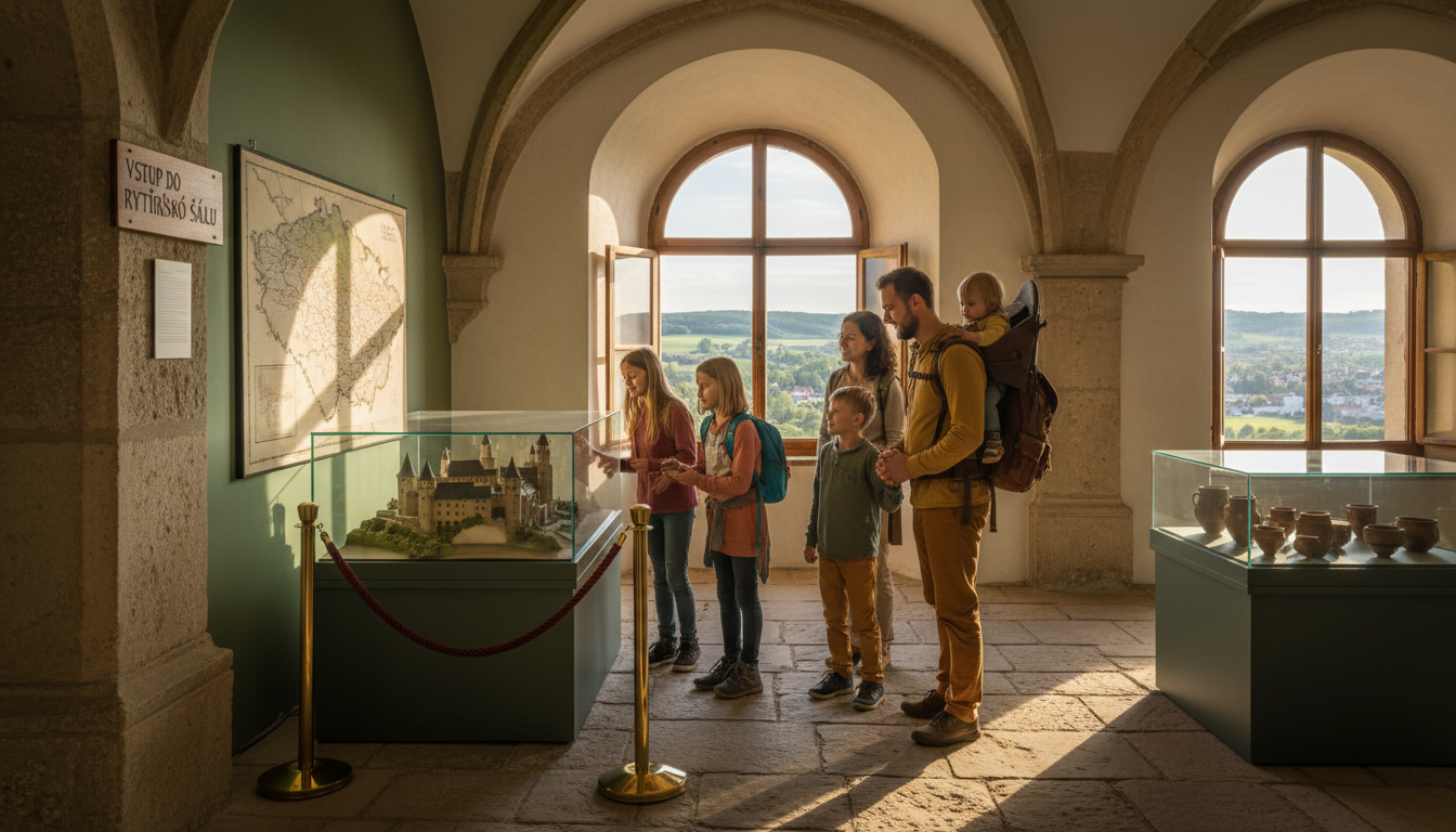 rodina s dětmi si společně prohlíží exponáty v muzeu