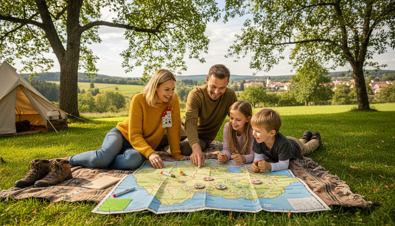 rodina s dětmi studující mapu Česka a plánující výlety