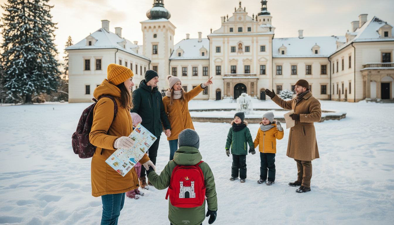 zasněžený zámek s rodinami na nádvoří