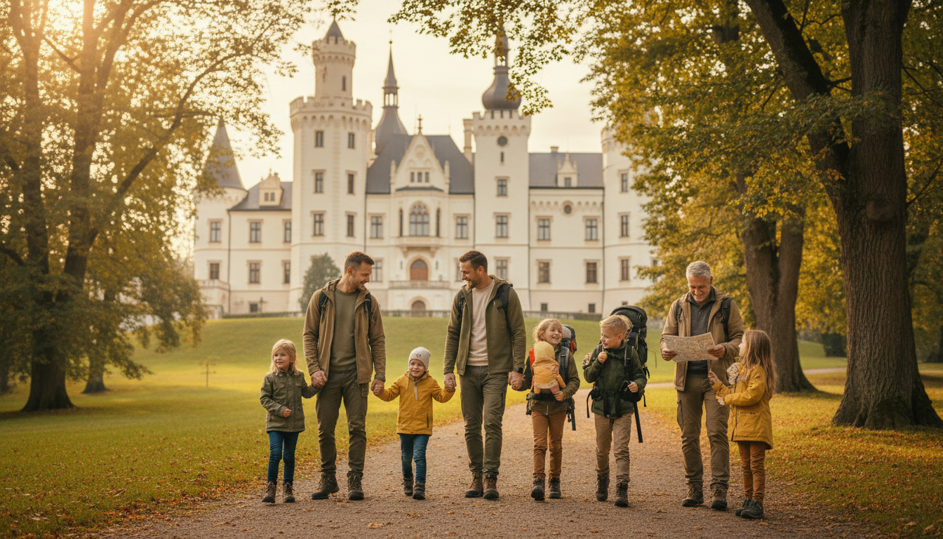 Zámek Hluboká nad Vltavou s rodinami procházejícími se v parku