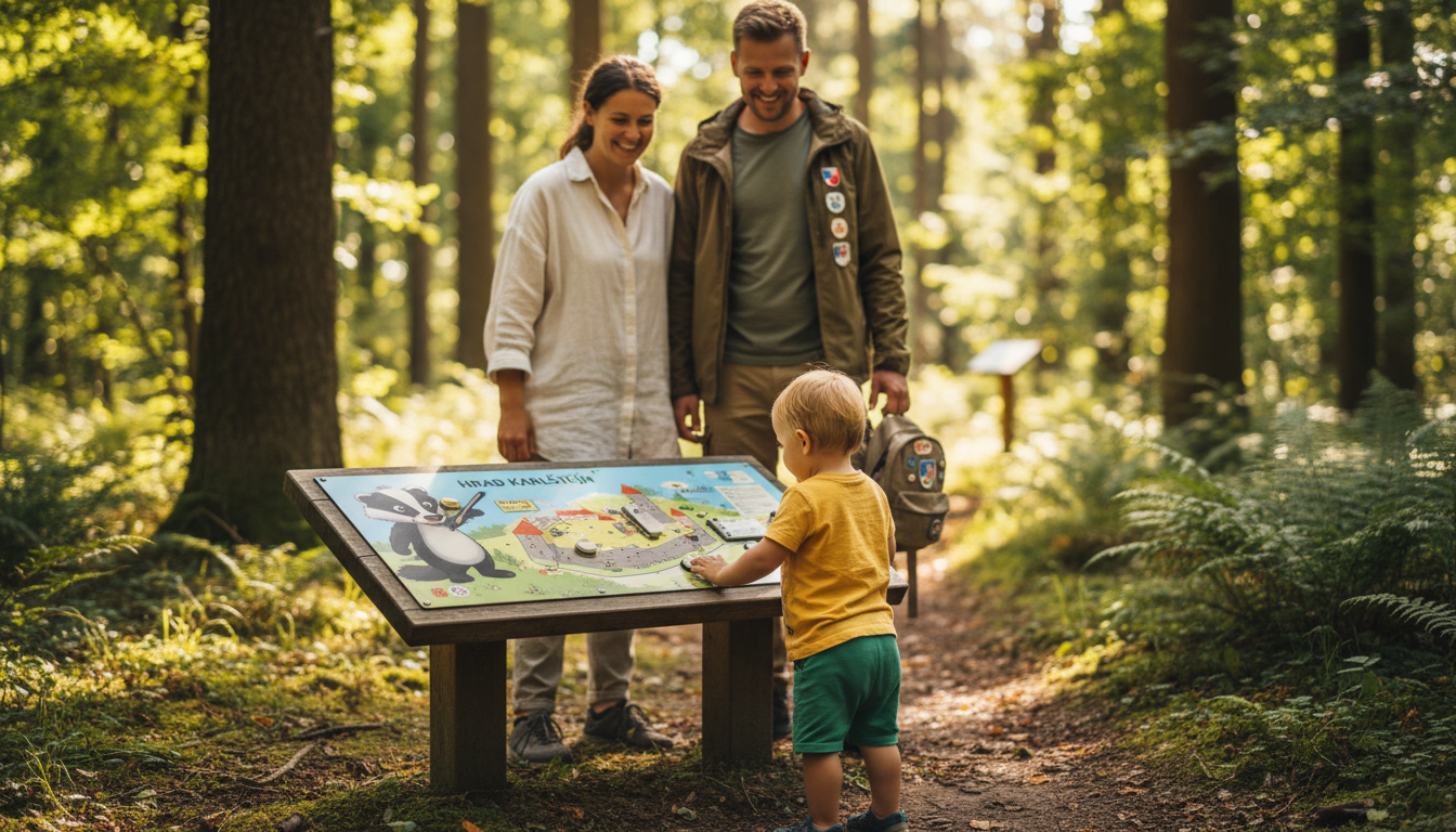 batole zkoumá informační panel na naučné stezce