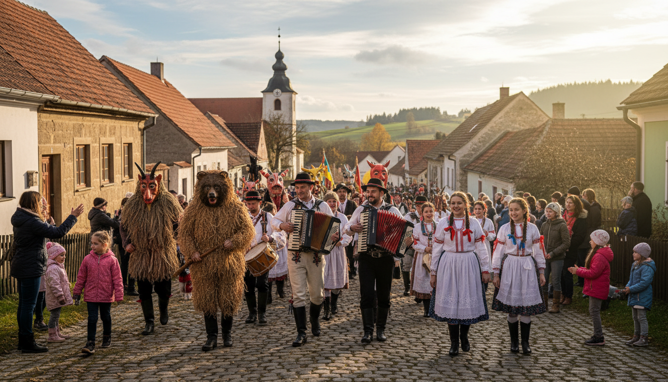 tradiční masopustní průvod vesnicí s maskami a hudbou