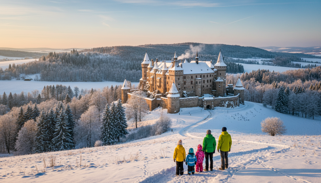 zasněžený hrad Bouzov z dálky v zimní krajině