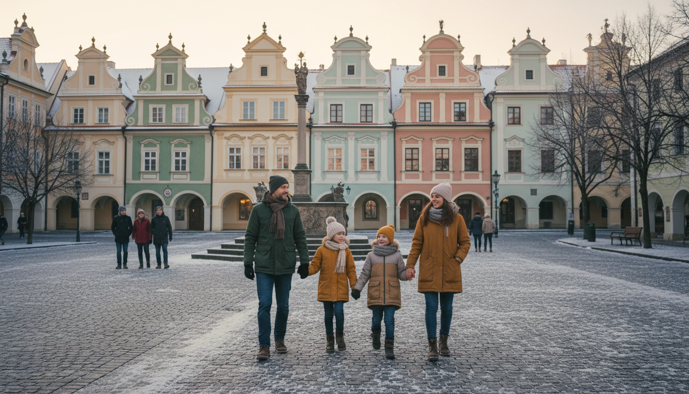 Historické náměstí v Telči s barevnými renesančními domy a rodinou