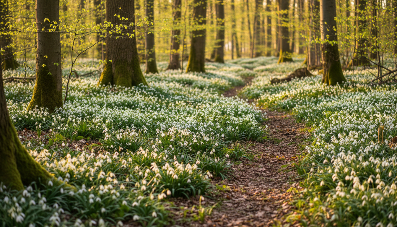 koberce bílých sněženek v jarním lese