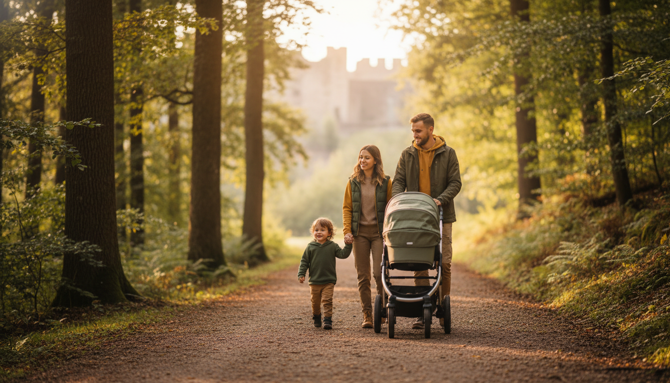 rodina s kočárkem a batolaty na upravené lesní cestě naučné stezky