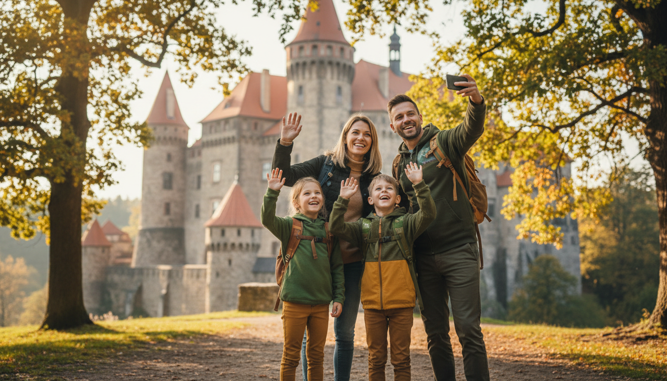 šťastná rodina s dětmi na výletě u hradu nebo rozhledny