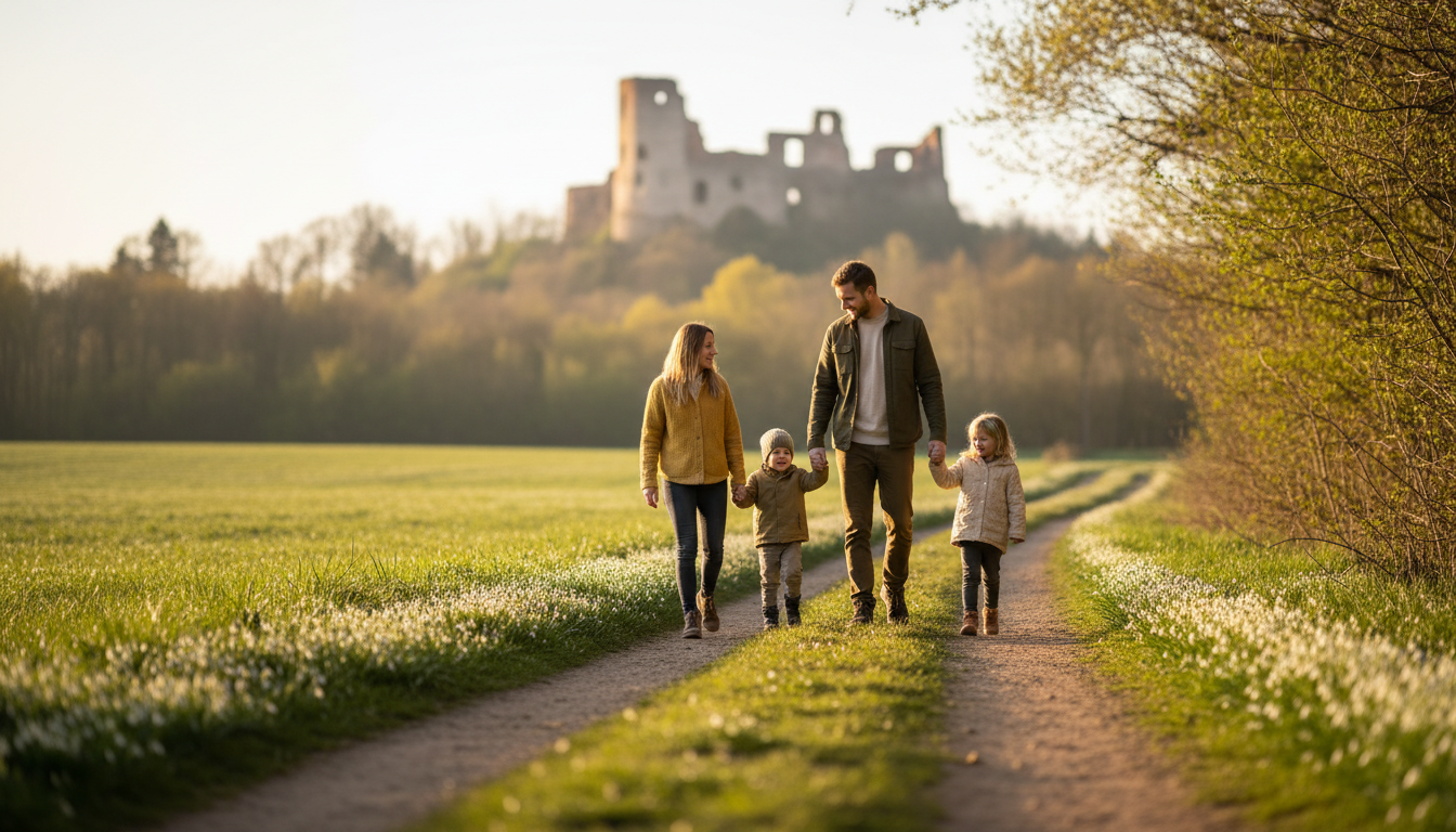 rodina s dětmi na procházce jarním lesem mezi sněženkami