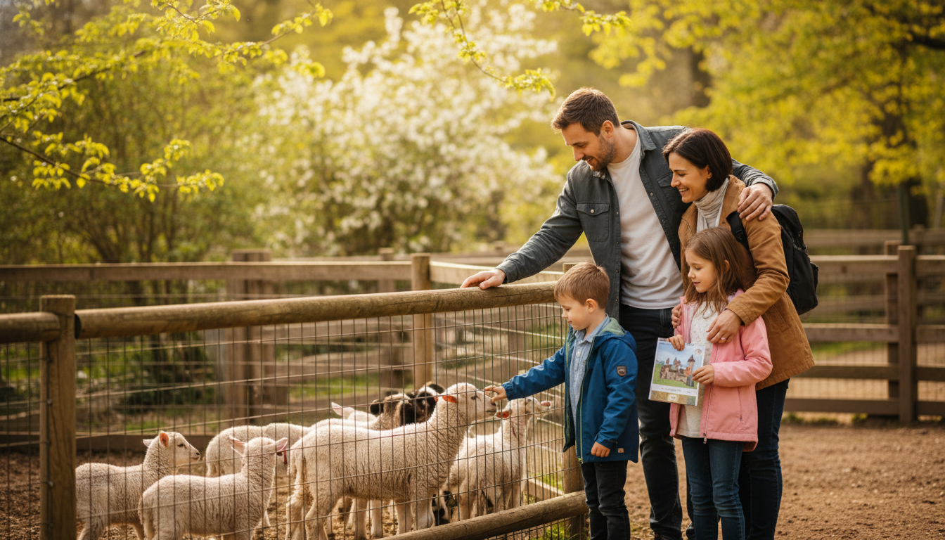 děti pozorující mláďata zvířat v zoo na jaře
