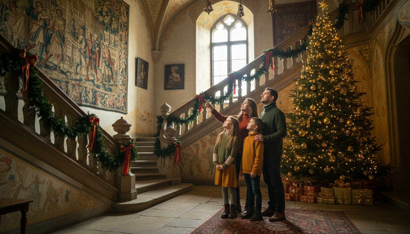 rodina s dětmi na zimní prohlídce zámku