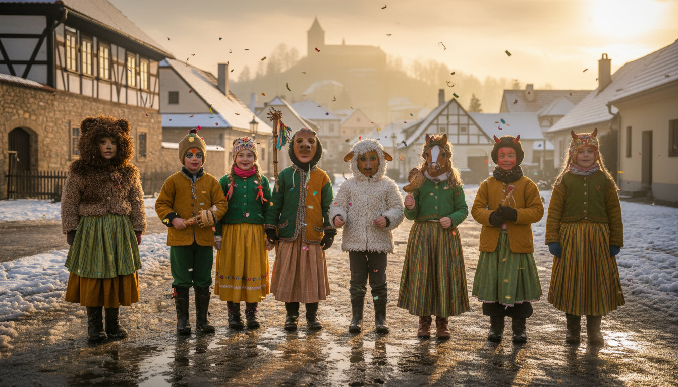 děti v masopustních maskách a kostýmech při průvodu