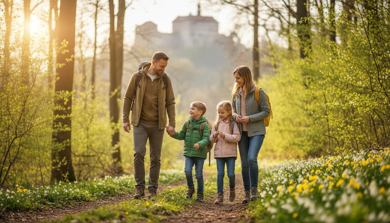 rodina s dětmi na jarní procházce lesem se sněženkami