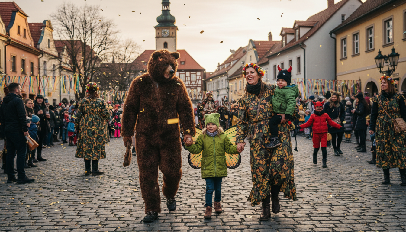 rodina s dětmi v masopustních kostýmech na náměstí