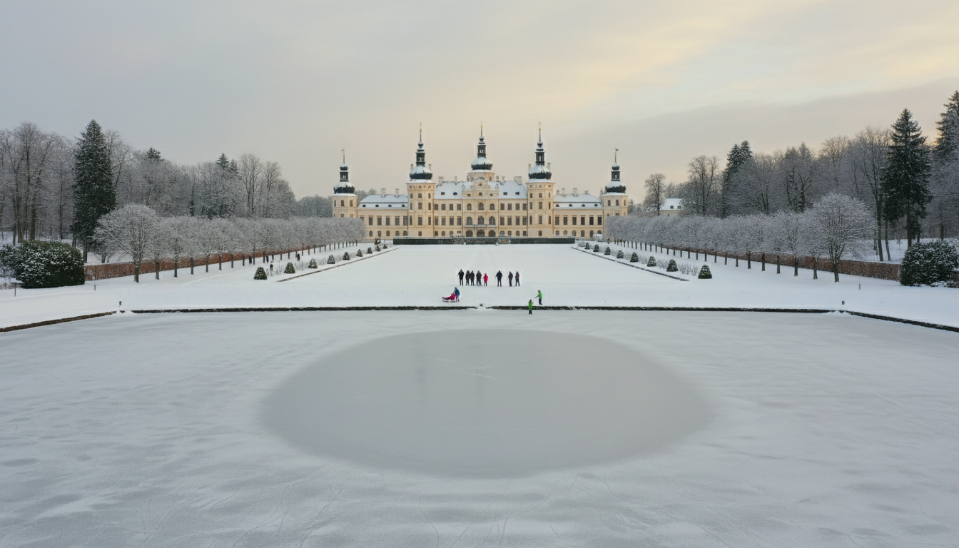 Zámek Lednice s parkem v zimním období s rodinami na procházce